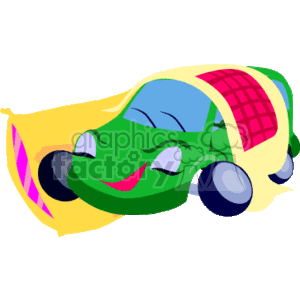 The image appears to be a playful and colorful illustration of a cartoon car. The car has a face and is personified as sleeping or resting. It's depicted with closed eyes, a relaxed expression, and slightly smiling. The car is covered by what looks like a blanket or a quilt with a checkered pattern, indicating it is asleep, and the overall vibe of the image is humorous and light-hearted. The colors used are vivid, with a mix of yellow for the blanket, green for the car's body, and accents of pink and magenta.