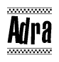The image contains the text Adra in a bold, stylized font, with a checkered flag pattern bordering the top and bottom of the text.