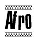 The image is a black and white clipart of the text Afro in a bold, italicized font. The text is bordered by a dotted line on the top and bottom, and there are checkered flags positioned at both ends of the text, usually associated with racing or finishing lines.