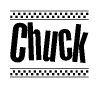 The image is a black and white clipart of the text Chuck in a bold, italicized font. The text is bordered by a dotted line on the top and bottom, and there are checkered flags positioned at both ends of the text, usually associated with racing or finishing lines.