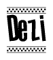 The clipart image displays the text Dezi in a bold, stylized font. It is enclosed in a rectangular border with a checkerboard pattern running below and above the text, similar to a finish line in racing. 