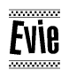 The image contains the text Evie in a bold, stylized font, with a checkered flag pattern bordering the top and bottom of the text.