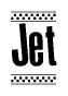 The image contains the text Jet in a bold, stylized font, with a checkered flag pattern bordering the top and bottom of the text.