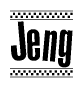 The image is a black and white clipart of the text Jeng in a bold, italicized font. The text is bordered by a dotted line on the top and bottom, and there are checkered flags positioned at both ends of the text, usually associated with racing or finishing lines.