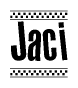 The image is a black and white clipart of the text Jaci in a bold, italicized font. The text is bordered by a dotted line on the top and bottom, and there are checkered flags positioned at both ends of the text, usually associated with racing or finishing lines.