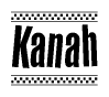 The image is a black and white clipart of the text Kanah in a bold, italicized font. The text is bordered by a dotted line on the top and bottom, and there are checkered flags positioned at both ends of the text, usually associated with racing or finishing lines.