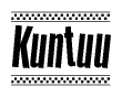 The image is a black and white clipart of the text Kuntuu in a bold, italicized font. The text is bordered by a dotted line on the top and bottom, and there are checkered flags positioned at both ends of the text, usually associated with racing or finishing lines.