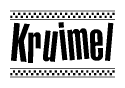 The image is a black and white clipart of the text Kruimel in a bold, italicized font. The text is bordered by a dotted line on the top and bottom, and there are checkered flags positioned at both ends of the text, usually associated with racing or finishing lines.