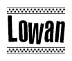 The image is a black and white clipart of the text Lowan in a bold, italicized font. The text is bordered by a dotted line on the top and bottom, and there are checkered flags positioned at both ends of the text, usually associated with racing or finishing lines.