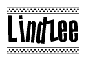 The image is a black and white clipart of the text Lindzee in a bold, italicized font. The text is bordered by a dotted line on the top and bottom, and there are checkered flags positioned at both ends of the text, usually associated with racing or finishing lines.