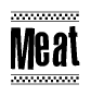 The image contains the text Meat in a bold, stylized font, with a checkered flag pattern bordering the top and bottom of the text.