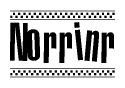 The image is a black and white clipart of the text Norrinr in a bold, italicized font. The text is bordered by a dotted line on the top and bottom, and there are checkered flags positioned at both ends of the text, usually associated with racing or finishing lines.
