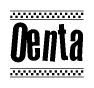The image is a black and white clipart of the text Oenta in a bold, italicized font. The text is bordered by a dotted line on the top and bottom, and there are checkered flags positioned at both ends of the text, usually associated with racing or finishing lines.