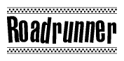 The image contains the text Roadrunner in a bold, stylized font, with a checkered flag pattern bordering the top and bottom of the text.