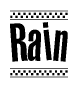 The image is a black and white clipart of the text Rain in a bold, italicized font. The text is bordered by a dotted line on the top and bottom, and there are checkered flags positioned at both ends of the text, usually associated with racing or finishing lines.