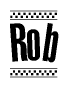 The image is a black and white clipart of the text Rob in a bold, italicized font. The text is bordered by a dotted line on the top and bottom, and there are checkered flags positioned at both ends of the text, usually associated with racing or finishing lines.