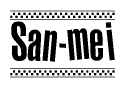 The clipart image displays the text San-mei in a bold, stylized font. It is enclosed in a rectangular border with a checkerboard pattern running below and above the text, similar to a finish line in racing. 