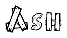 The image contains the name Ash written in a decorative, stylized font with a hand-drawn appearance. The lines are made up of what appears to be planks of wood, which are nailed together