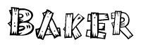 The image contains the name Baker written in a decorative, stylized font with a hand-drawn appearance. The lines are made up of what appears to be planks of wood, which are nailed together