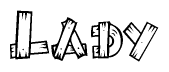 The image contains the name Lady written in a decorative, stylized font with a hand-drawn appearance. The lines are made up of what appears to be planks of wood, which are nailed together