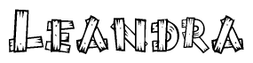 The image contains the name Leandra written in a decorative, stylized font with a hand-drawn appearance. The lines are made up of what appears to be planks of wood, which are nailed together