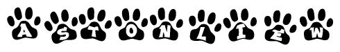 The image shows a series of animal paw prints arranged horizontally. Within each paw print, there's a letter; together they spell Astonliew