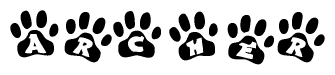 The image shows a series of animal paw prints arranged horizontally. Within each paw print, there's a letter; together they spell Archer