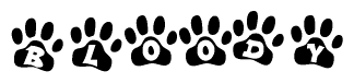 The image shows a series of animal paw prints arranged in a horizontal line. Each paw print contains a letter, and together they spell out the word Bloody.