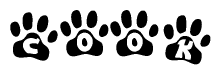 The image shows a row of animal paw prints, each containing a letter. The letters spell out the word Cook within the paw prints.