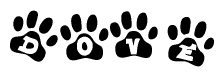 The image shows a series of animal paw prints arranged in a horizontal line. Each paw print contains a letter, and together they spell out the word Dove.
