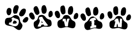The image shows a series of animal paw prints arranged horizontally. Within each paw print, there's a letter; together they spell Davin