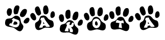 The image shows a row of animal paw prints, each containing a letter. The letters spell out the word Dakota within the paw prints.