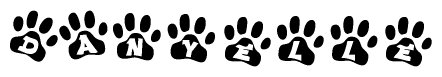 The image shows a row of animal paw prints, each containing a letter. The letters spell out the word Danyelle within the paw prints.