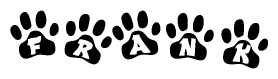 The image shows a series of animal paw prints arranged in a horizontal line. Each paw print contains a letter, and together they spell out the word Frank.