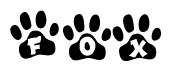 The image shows a series of animal paw prints arranged horizontally. Within each paw print, there's a letter; together they spell Fox