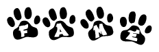 The image shows a row of animal paw prints, each containing a letter. The letters spell out the word Fame within the paw prints.