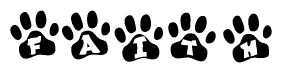 The image shows a row of animal paw prints, each containing a letter. The letters spell out the word Faith within the paw prints.