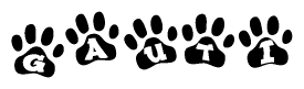 The image shows a row of animal paw prints, each containing a letter. The letters spell out the word Gauti within the paw prints.