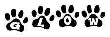 The image shows a series of animal paw prints arranged in a horizontal line. Each paw print contains a letter, and together they spell out the word Glow.