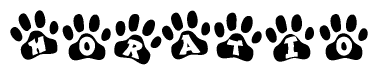 The image shows a series of animal paw prints arranged horizontally. Within each paw print, there's a letter; together they spell Horatio