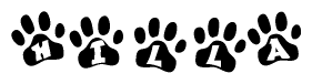 The image shows a series of animal paw prints arranged horizontally. Within each paw print, there's a letter; together they spell Hilla