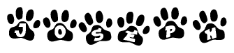The image shows a row of animal paw prints, each containing a letter. The letters spell out the word Joseph within the paw prints.