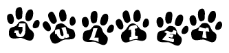 The image shows a series of animal paw prints arranged in a horizontal line. Each paw print contains a letter, and together they spell out the word Juliet.
