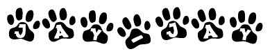 The image shows a row of animal paw prints, each containing a letter. The letters spell out the word Jay-jay within the paw prints.