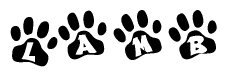 The image shows a row of animal paw prints, each containing a letter. The letters spell out the word Lamb within the paw prints.
