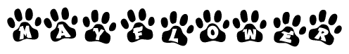 The image shows a series of animal paw prints arranged in a horizontal line. Each paw print contains a letter, and together they spell out the word Mayflower.