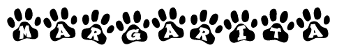 The image shows a series of animal paw prints arranged horizontally. Within each paw print, there's a letter; together they spell Margarita