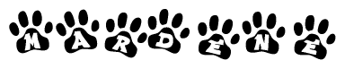 The image shows a series of animal paw prints arranged in a horizontal line. Each paw print contains a letter, and together they spell out the word Mardene.