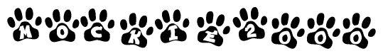 The image shows a row of animal paw prints, each containing a letter. The letters spell out the word Mockie2000 within the paw prints.
