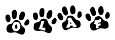 The image shows a row of animal paw prints, each containing a letter. The letters spell out the word Olaf within the paw prints.